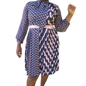 Navy and pink chiffon long sleeve dress